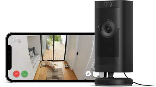 Ring Stick Up Cam Pro övervakningskamera för utomhusbruk med strömkontakt, svart